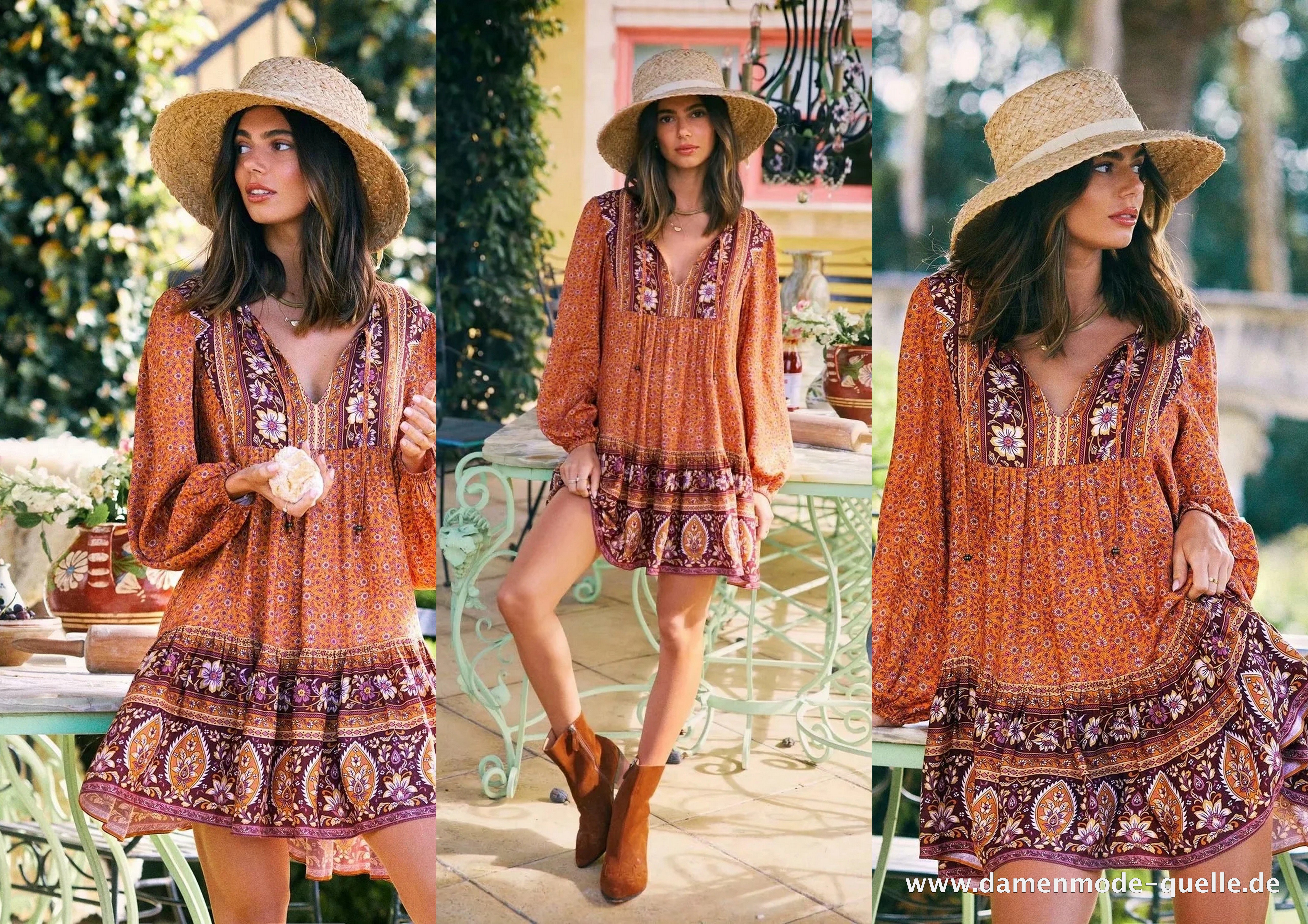 Damen Vintage Mini Kleid Boho Urlaubskleid Langarm Hippie 