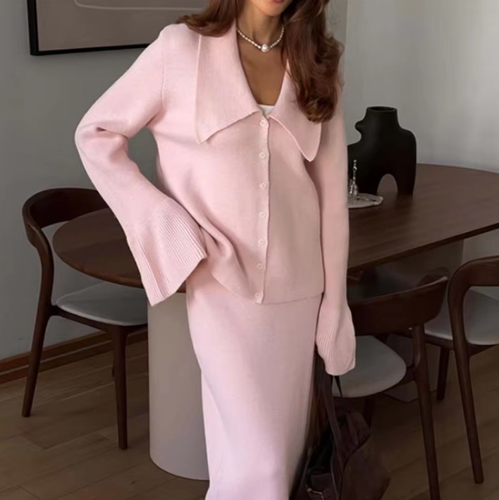 Damen Zweiteiler Outfit Gestrickt in Rosa