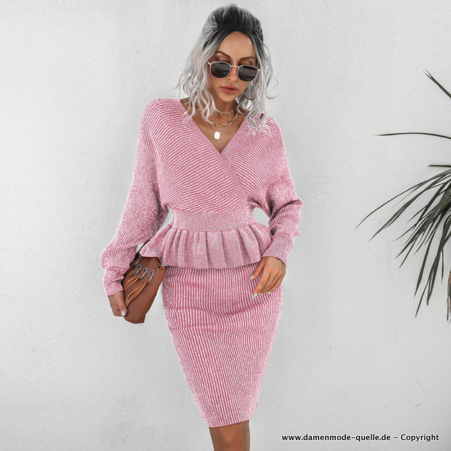 Damenoutfit Zwieteiler Elegant in Rosa Rock mit Pullover Gestrickt