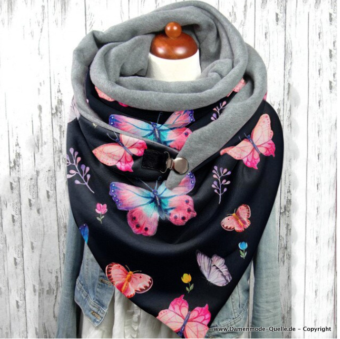 Designer Luxus Winter Schal in Schwarz Warm mit Bunte Schmetterlinge
