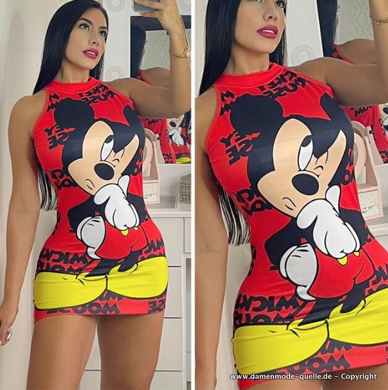 Disney Micky Maus Cartoon Print Bodycon Sommerkleid Kurz