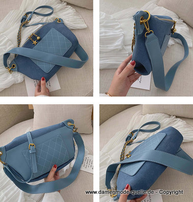 Doppel-Reißverschluss Matt Pu Patchwork Handtasche in Blau