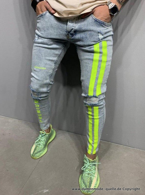 Dünne Herren Jeans in Grau mit Neon Streifen
