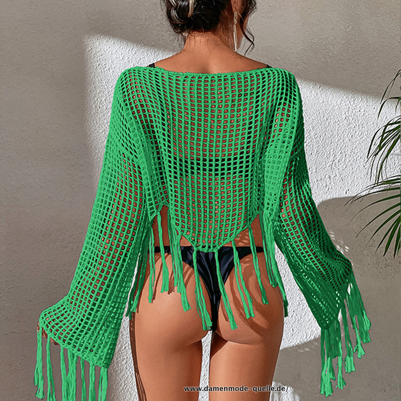 Durchsichtig Bikini Abdeckung Langarm Crop Tops Badeanzug Abdeckung Grün