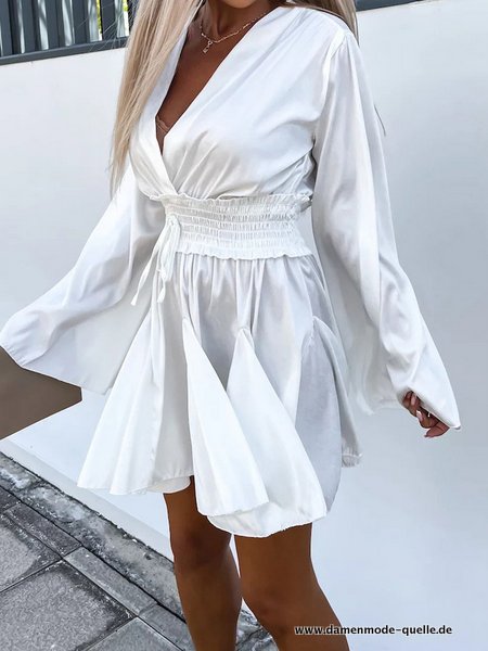 Elastische Taille Damen Mini Rüschen Kleid Langarm Kleid Sommer in Weiß