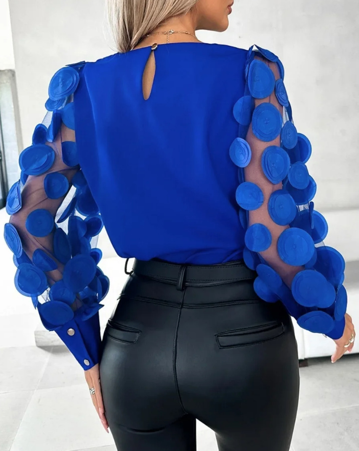 Elegante Damen Bluse mit Tüll Ärmel und Punkte Navyblau