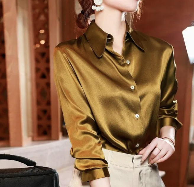 Elegante Langarm Damen Bluse aus Seide in Bronze