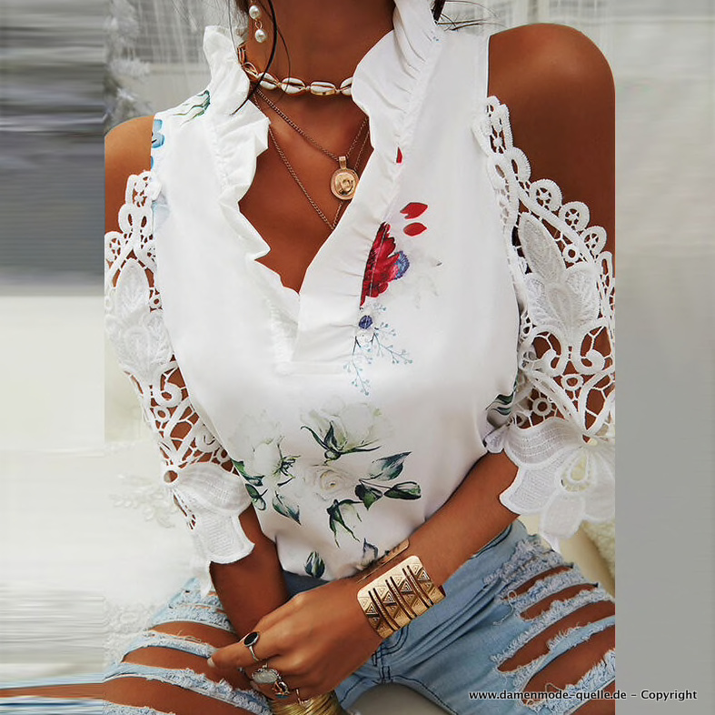Elegante Sommer Bluse mit Spitze und Blumenmuster