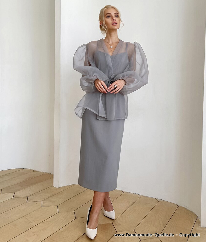 Elegante Tüll Damen Bluse in Silber mit Puffärmel