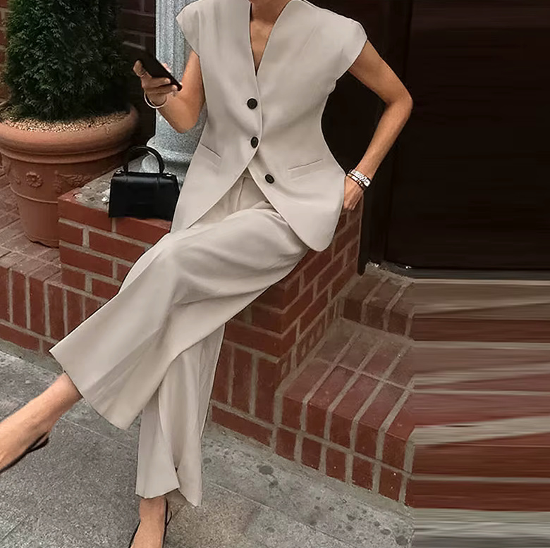 Eleganter Business Zweiteiler 2025 für Damen in Creme Weste mit Marlene Hose im Set