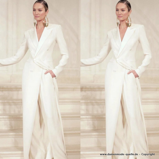 Eleganter Damen Hosenanzug in Weiß mit Lange Jacke