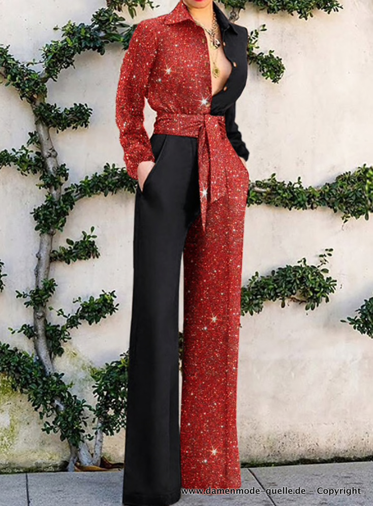 Eleganter Glitzer Jumpsuit Overall in Rot Schwarz