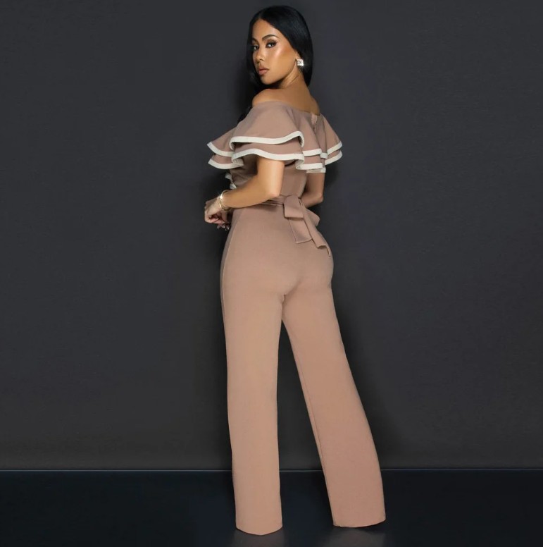 Eleganter Jumpsuit 2025 Einteiler Lang in Khaki mit Rüschen
