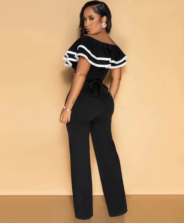 Eleganter Jumpsuit 2025 Einteiler Lang in Schwarz mit Rüschen