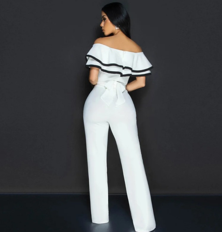 Eleganter Jumpsuit 2025 Einteiler Lang in Weiß mit Rüschen