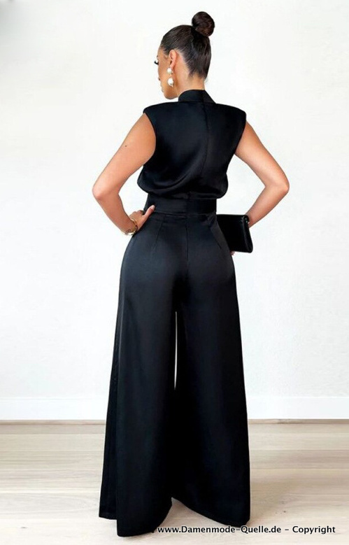 Eleganter Satin Jumpsuit Einteiler Lang in Schwarz Festlich