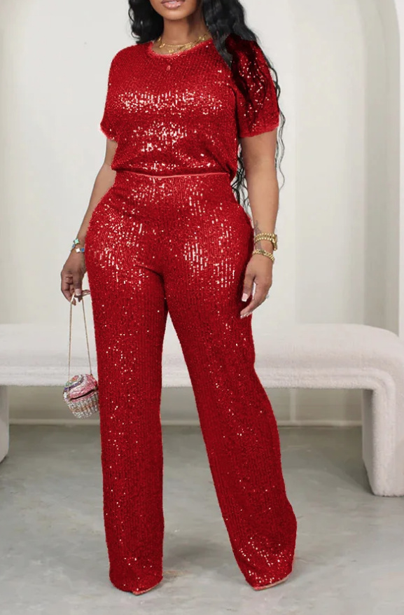 Eleganter Zweiteiler Glitzer Outfit für Damen Kurzarm Shirt mit Hose im Set Rot