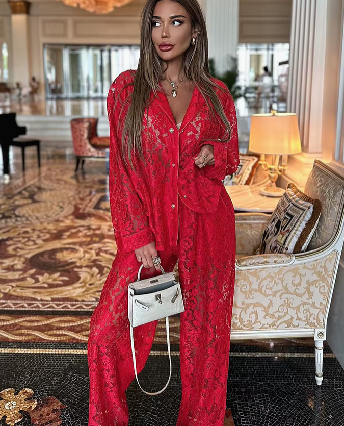 Eleganter Zweiteiler für Damen 2025 Sexy Outfit aus Spitze in Rot