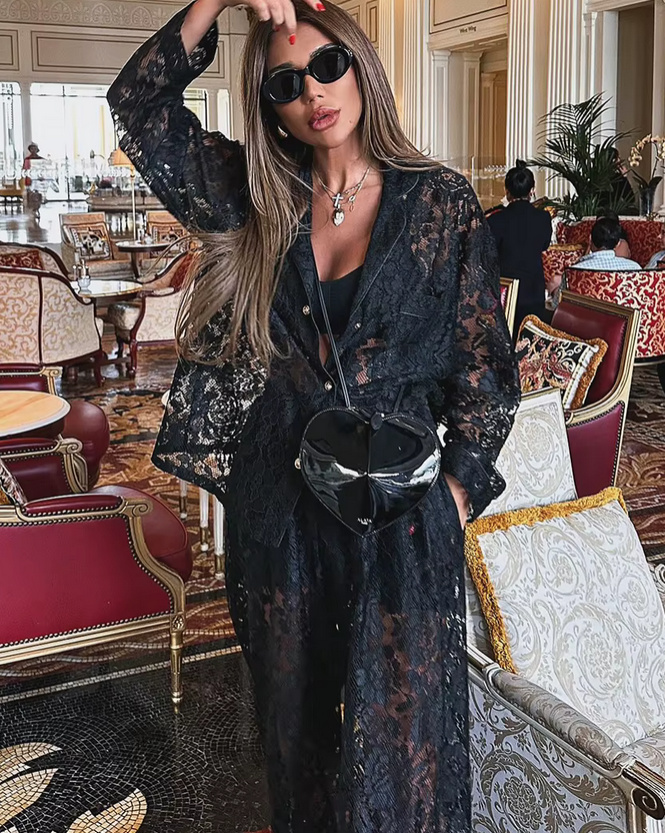 Eleganter Zweiteiler für Damen 2025 Sexy Outfit aus Spitze in Schwarz
