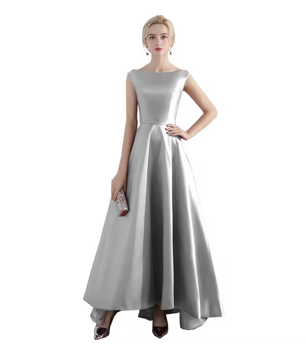 Elegantes Ärmelloses Satin Abendkleid 2025 Schlicht in Silber