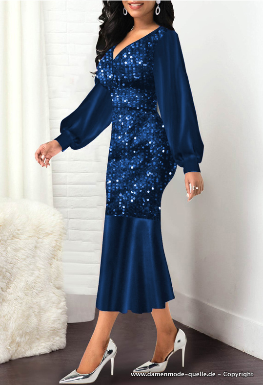 Elegantes Bleistift Glitzer Kleid mit Pailletten in Marineblau Wadenlang