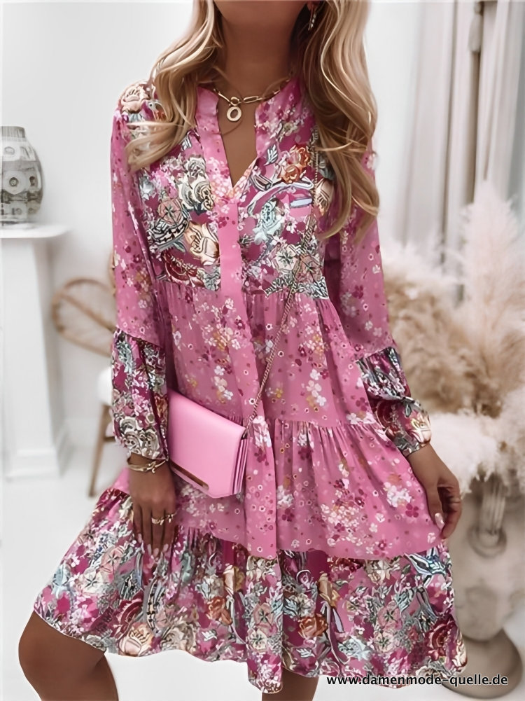 Elegantes Blumenmuster Kleid Langarm Strand V-Ausschnitt Minikleid