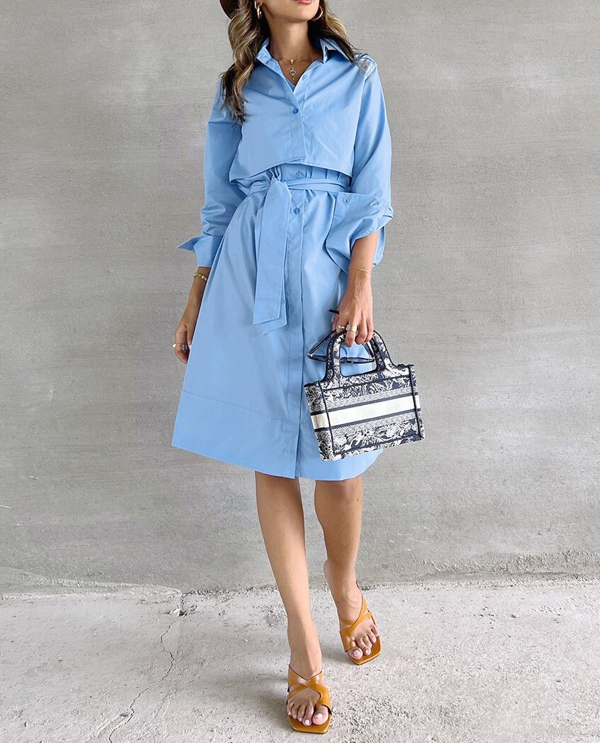 Elegantes Büro Kleid Frühling Sommer A-Line Mode Chic Blau