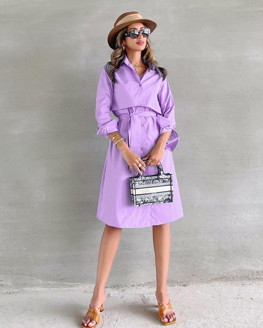 Elegantes Büro Kleid Frühling Sommer A-Line Mode Chic Flieder