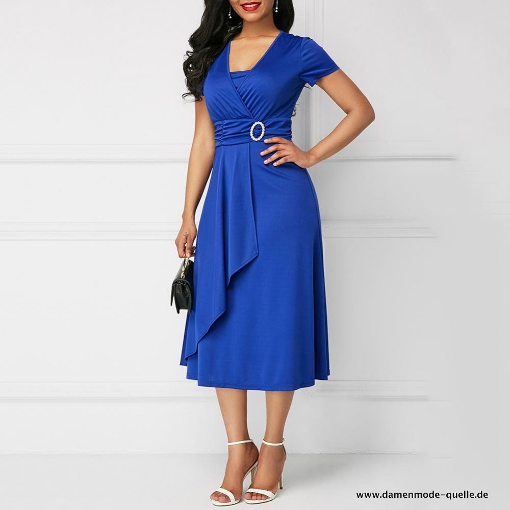 Elegantes Damen Kurzarm Asymmetrische Midi Party Kleid Blau