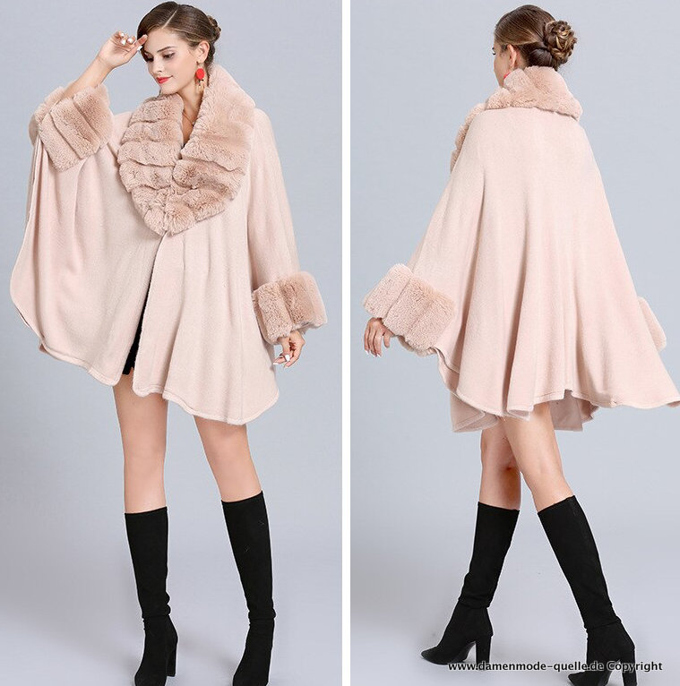 Elegantes Damen Poncho Capes mit Kunstpelz Krage in Champagne