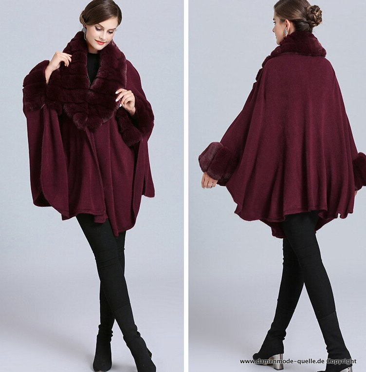 Elegantes Damen Poncho Capes mit Kunstpelz Krage in Rot