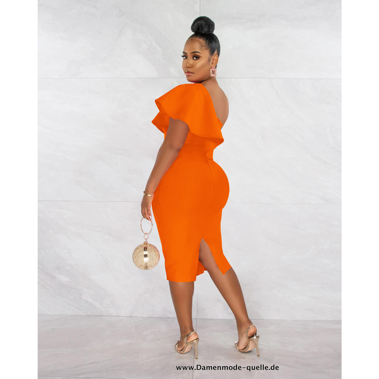 Elegantes Damen Rüschen One Shoulder Knielanges Kleid Orange
