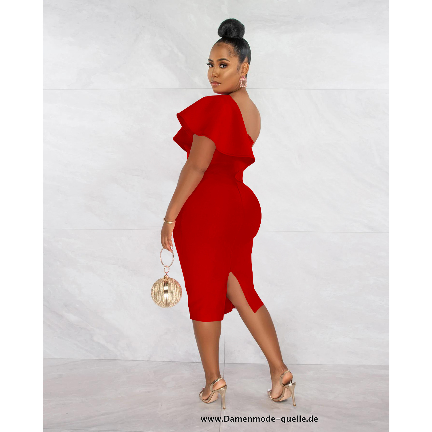 Elegantes Damen Rüschen One Shoulder Knielanges Kleid Rot