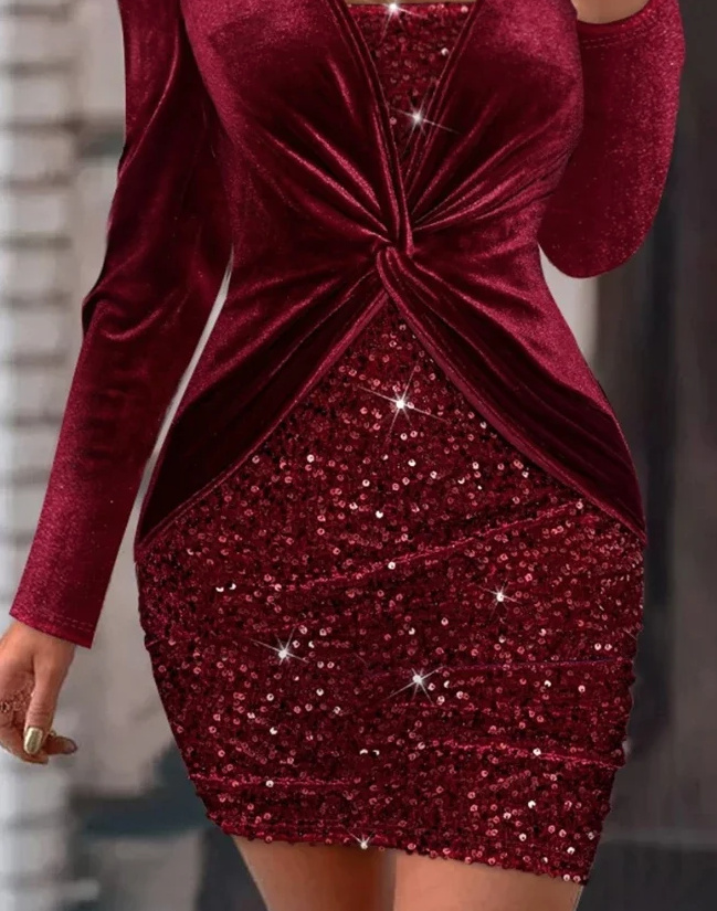 Elegantes Glitzer Pailletten Langarm Samt Minikleid in Rot