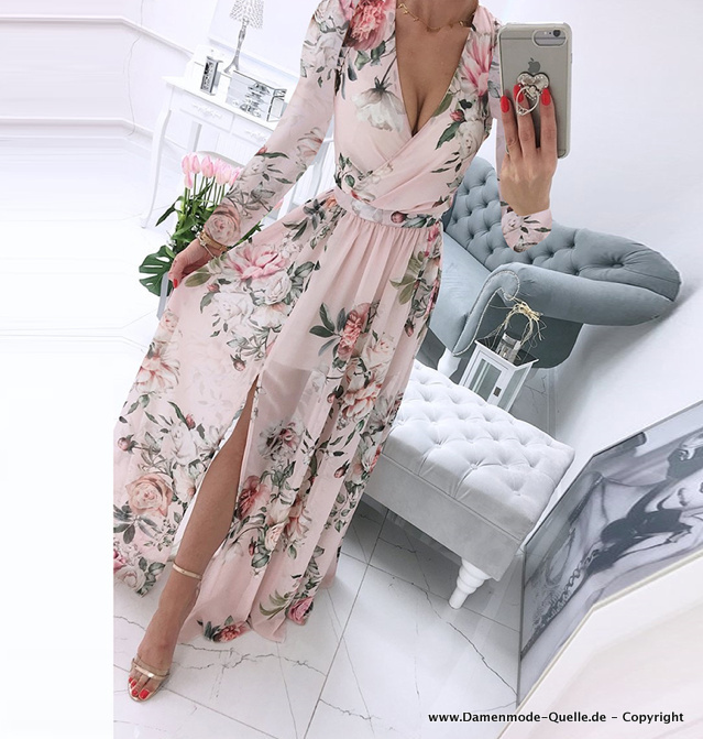 Elegantes Langarm Chiffon Kleid in Rosa mit Blumen