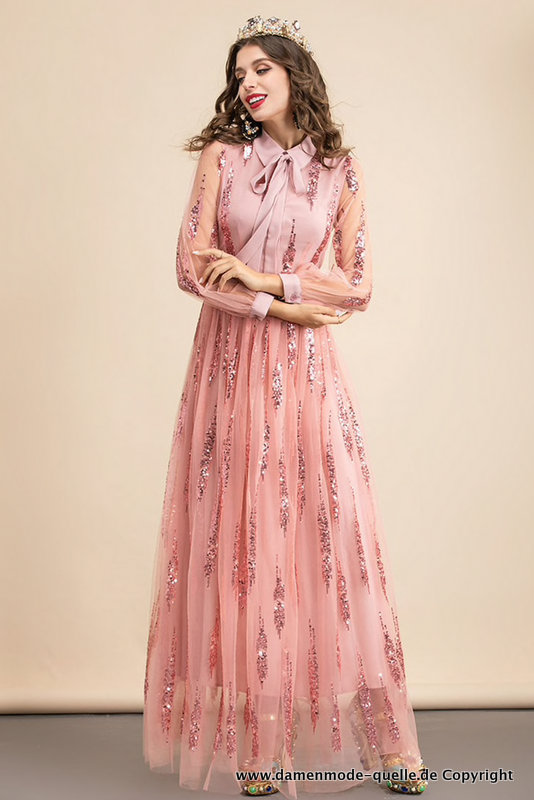 Elegantes Langarm Kleid Abendkleid in Lachs mit Pailletten