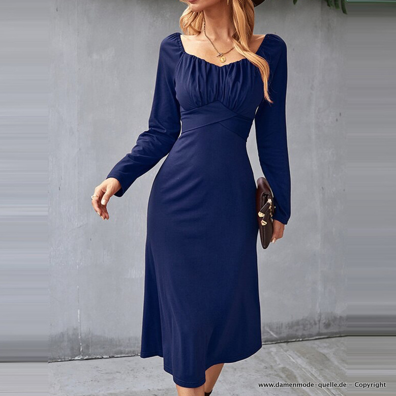 Elegantes Langarm Kleid in Navyblau Wadenlang