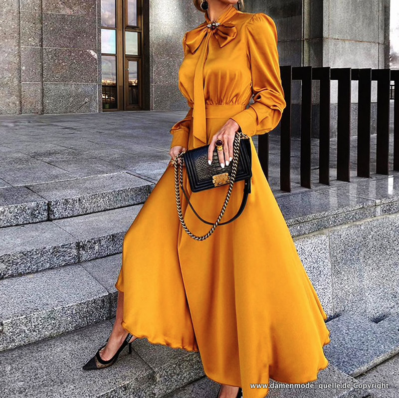 Elegantes Langarm Vintage Kleid in Gelb Rot oder Schwarz