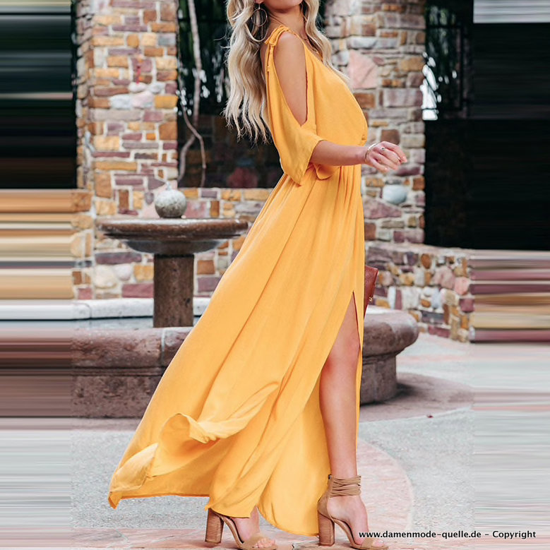 Elegantes Maxi Kleid in Gelb mit V Ausschnitt