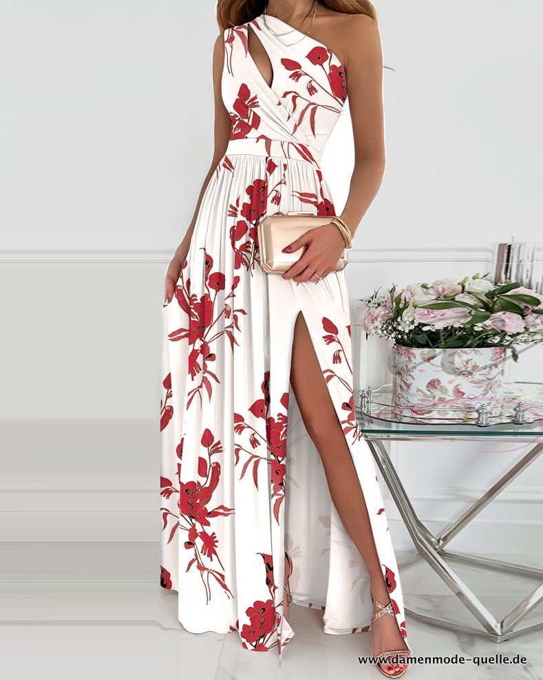 Elegantes One Shoulder Maxikleid Lang in Weiß mit Blumen