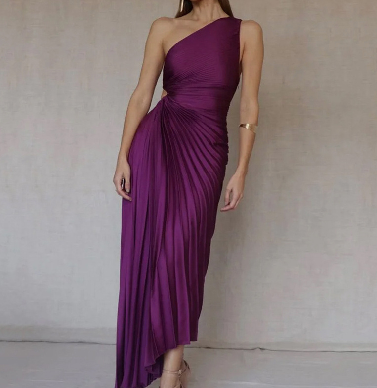 Elegantes One Shoulder Plissee Kleid Asymmetrisch in Lila