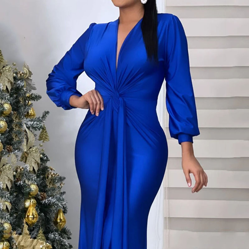 Elegantes V-Ausschnitt Luxus Kleid in Blau