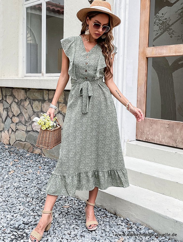 Elegantes mit Hoher Taille Sommer Kleid mit Schärpe Vintage Rüschen 