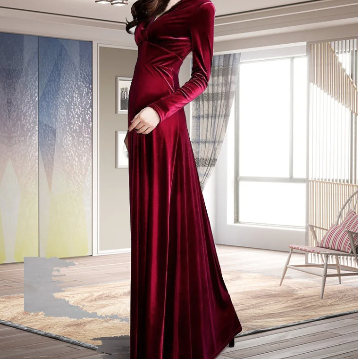 Empire Langarm Samt Abendkleid Elegant in Rot