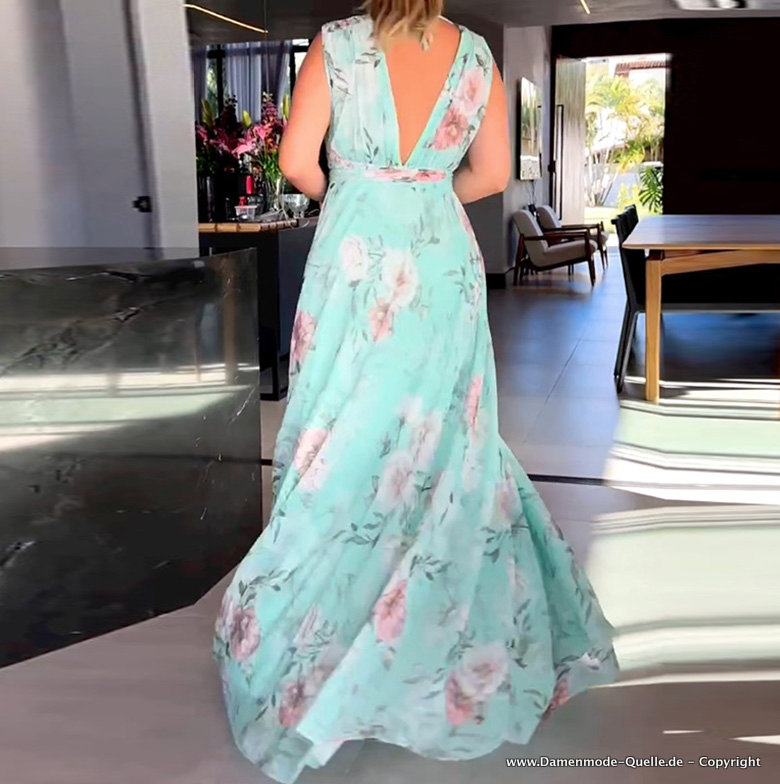 Empire Maxi Chiffon Kleid Elegant in Hellgrün mit Blumenmuster