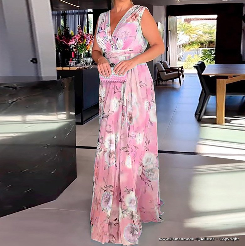 Empire Maxi Chiffon Kleid Elegant in Rosa mit Blumenmuster
