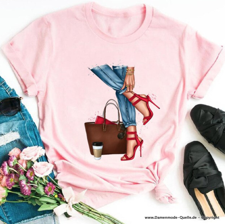 Fashion Print Damen T-Shirt in Rosa