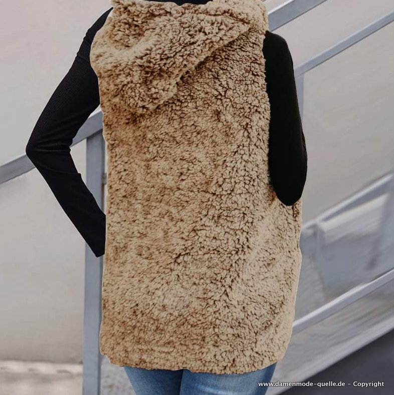 Flauschige Damen Weste mit Kapuze in Beige