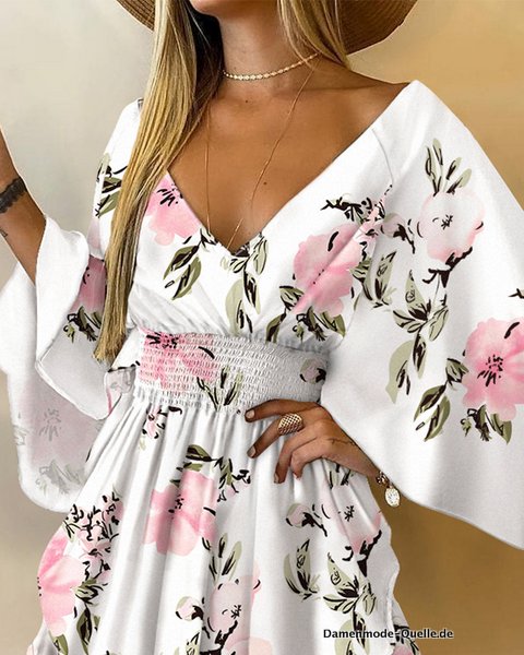 Frauen Minikleid mit V-Ausschnitt Blumendruck Batwing Ärmel asymmetrisches Kleid