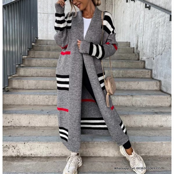 Gestrickte Strickjacke Damen Gestreift Grau